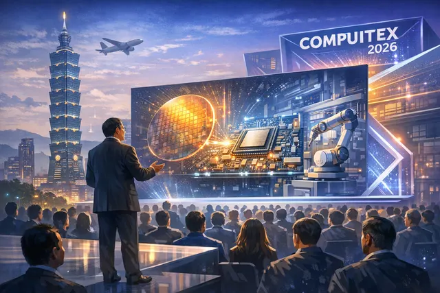 Intel CEO Lip-Bu Tan on stage at Computex 2026 keynote presenting the 18A processor roadmap alongside new AI chip product announcements