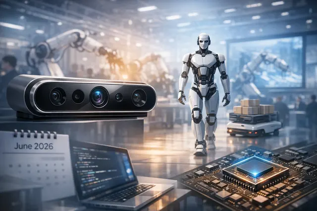 Editorial visualization of the RealSense D585 Pro AI-native depth camera for robotics