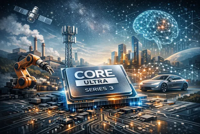 Illustration of Intel Panther Lake processor powering industrial edge AI platforms, including a compact box PC, a COM Express module, and a rugged VPX board, shown in a futuristic