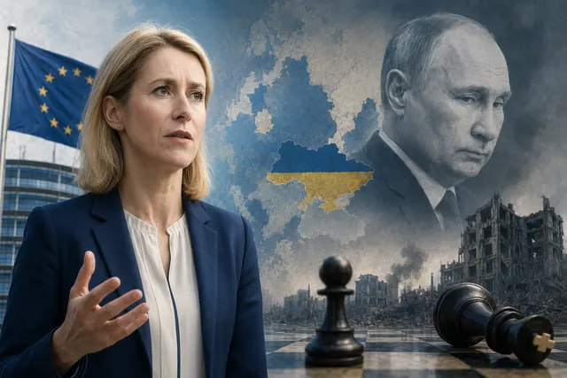 Editorial illustration of Kaja Kallas’s EU Ukraine strategy warning about Vladimir Putin’s leverage