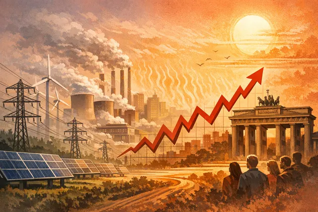 AI-generated illustration showing a heatwave over European solar panels and wind turbines, representing the clash of renewable intermittency and electricity market volatility.