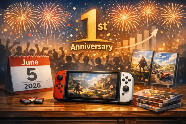 Nintendo Switch 2 console with Joy-Con 2 controllers resting on a table beside a game case and a stylized anniversary graphic.