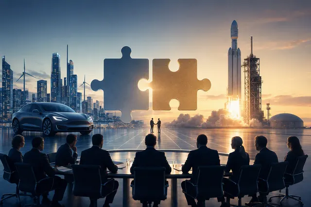 AI-generated editorial illustration representing a potential Tesla–SpaceX merger.