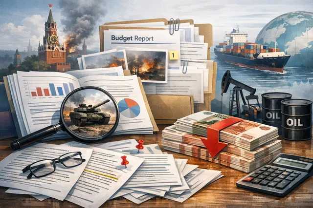 Abstract visualization of Russia's budget deficit, showing declining oil revenue and rising military spending in H1 2026.