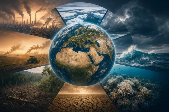 Editorial illustration representing Earth’s planetary boundaries and environmental stress