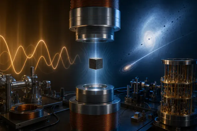 Editorial illustration of a levitated magnet used for ultrasensitive dark-matter sensing
