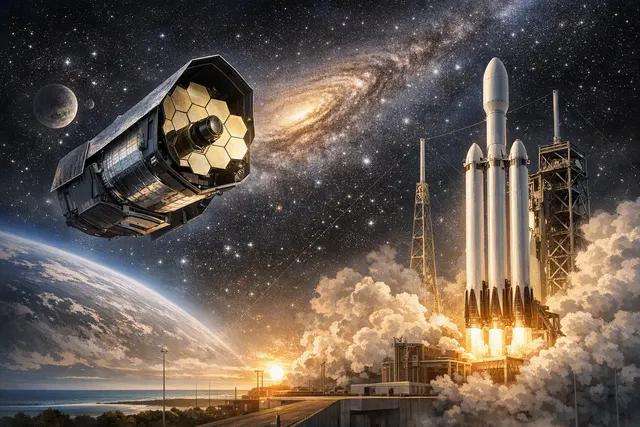 AI-generated illustration of NASA’s Nancy Grace Roman Space Telescope observing distant galaxies and exoplanets