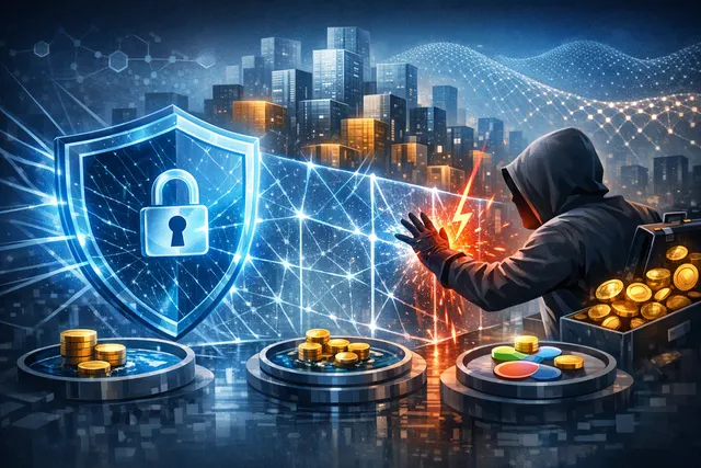 Digital shield protecting a blockchain network from flash loan attacks, symbolizing XRP Ledger's structural security