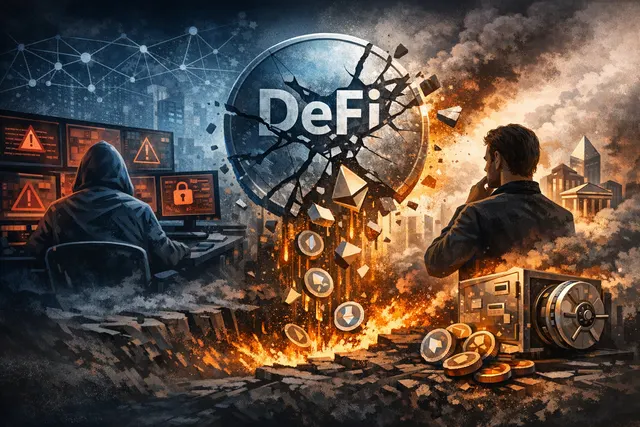 Illustration of a fractured blockchain shield with AI code streams attacking through the cracks, representing the structural imbalance in DeFi security described by OpenZeppelin co
