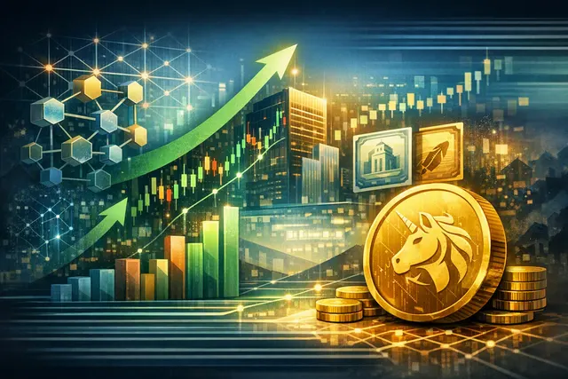 Abstract editorial illustration of Uniswap UNI rising alongside tokenized stocks and Robinhood Chain trading activity