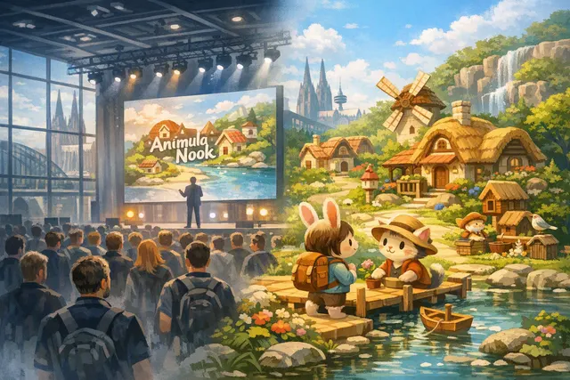 Illustration of Animula Nook's cozy miniature world Minietopia with tiny homes, oversized everyday objects, and woodland scenery