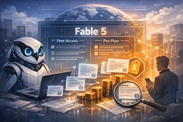 Conceptual visualization of Claude Fable 5 access tiers and pricing on a digital interface, showing a split between included Max/Team Premium usage and Pro credit-based access.