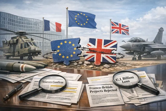 European Union flag and French flag with euro coins and defense-related imagery, representing the SAFE defense lending program and the financial backfire for France