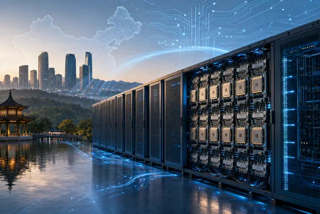 Illustration of a large AI computing cluster representing China Telecom’s Hangzhou domestic TPU deployment