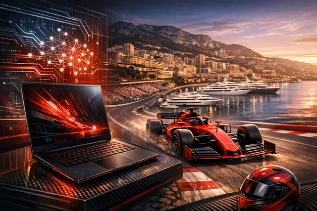 HP Limited Edition Scuderia Ferrari AI PC displaying its genuine Rosso Magma red finish on a dark background.