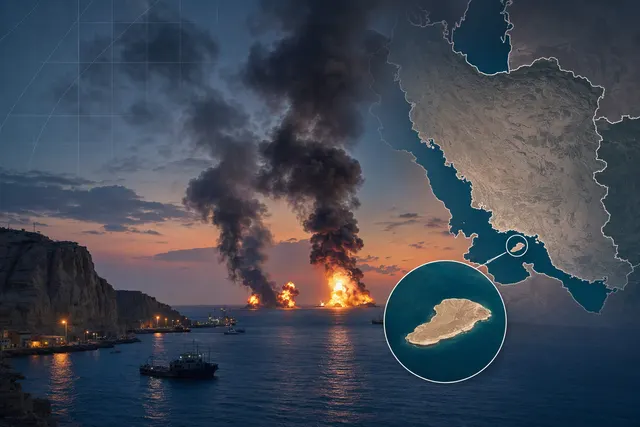 Editorial illustration of Qeshm Island and maritime tension near the Strait of Hormuz