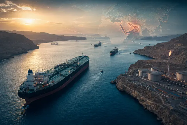 Tankers and cargo ships near the Strait of Hormuz during a Persian Gulf shipping disruption