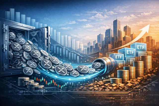 Illustration of XRP moving off a cryptocurrency exchange while institutional ETF inflows rise