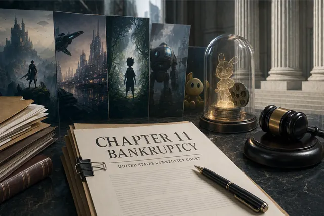 Editorial illustration representing Character.AI’s Chapter 11 filing and the proposed Disney bid