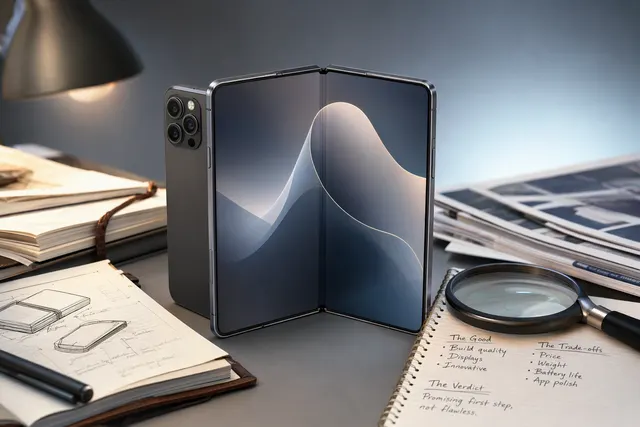 AI-generated editorial illustration accompanying a roundup of early iPhone Duo reviews.