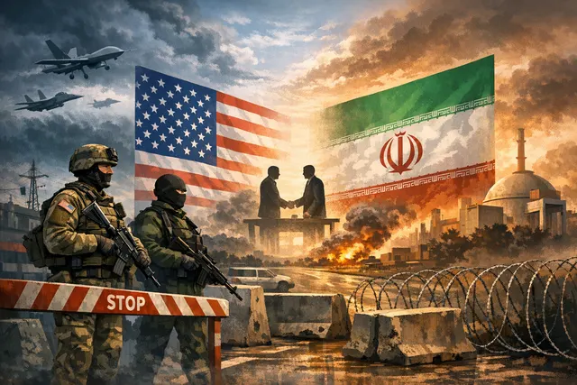 Abstract editorial illustration depicting stalled US-Iran ceasefire negotiations over uranium disposal and frozen assets