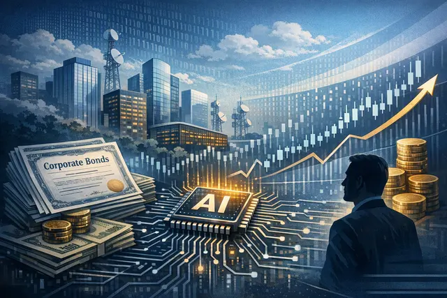 Editorial illustration of AI infrastructure growth meeting rising corporate bond financing pressure