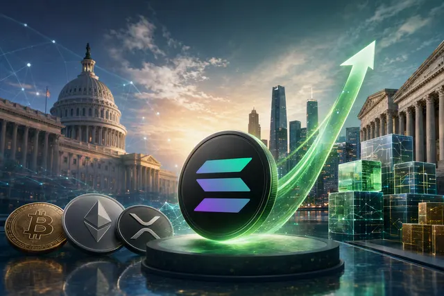 Editorial illustration representing Solana’s price rally amid ETF flows and tokenized-market developments