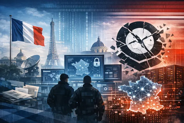 Illustration representing France’s digital sovereignty strategy showing the French flag integrated with digital data streams, a shield, and the logos of a departing US firm and an