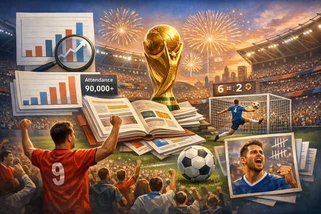 A montage of 2026 FIFA World Cup imagery with football, goal net, and map of North America, symbolizing the record-breaking tournament co-hosted by USA, Canada, and Mexico.