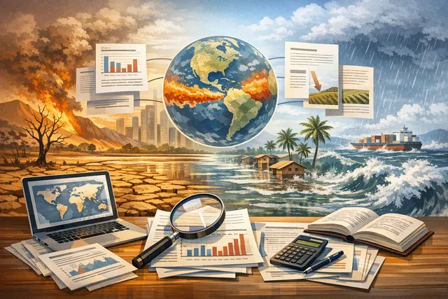 Editorial illustration representing the 2026 El Niño event with a satellite view of the Pacific Ocean showing sea surface temperature anomalies and a stylized economic graph overla
