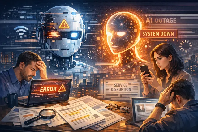 Digital illustration representing an AI service outage, with ChatGPT and Claude logos near a down arrow icon on a red background.