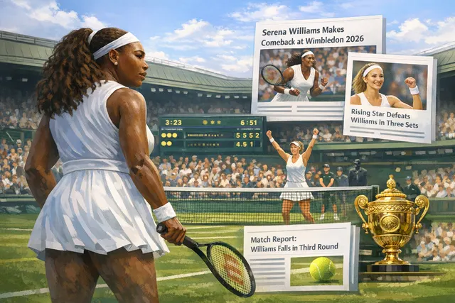 Serena Williams plays a forehand return during her first-round singles match at Wimbledon 2026