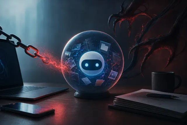Illustration of an AI assistant alongside cloud and cybersecurity imagery