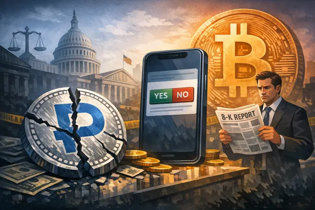 Digital illustration of a fractured Bitcoin logo over a courtroom setting, symbolizing Polymarket's disputed $80M Bitcoin sale prediction market.