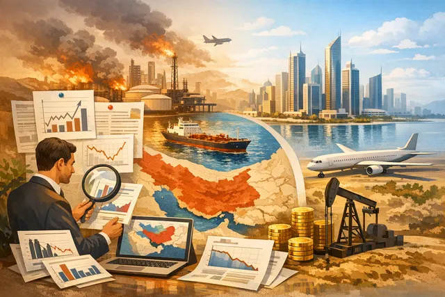 Map of the Persian Gulf and Strait of Hormuz with economic indicators showing the uneven impact of the 2026 Iran war on Gulf economies