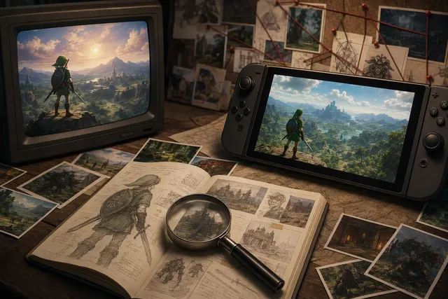 AI-generated editorial illustration representing The Legend of Zelda: Ocarina of Time remake on Nintendo Switch 2