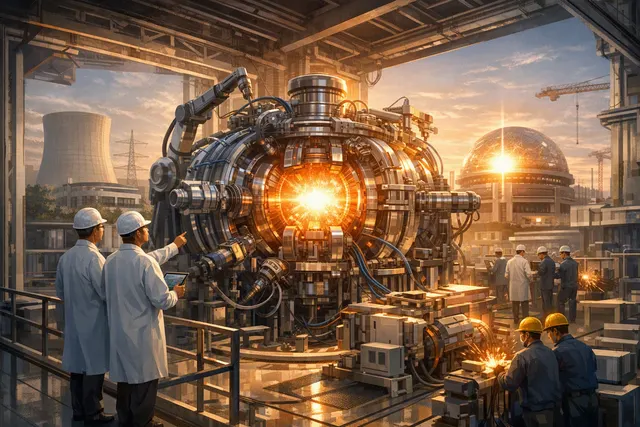 Conceptual illustration of China’s artificial-sun fusion projects, including a tokamak and a linear fusion device