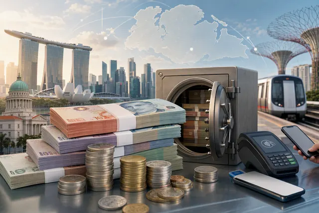 Editorial illustration representing Singapore cash and cashless payments