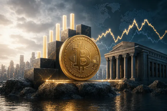 Illustration of Bitcoin near the $80,000 level with ETF flow charts and market volatility indicators