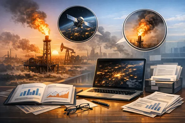 Satellite view of gas flares at oil and gas facilities, representing global gas flaring reaching 151 billion cubic meters in 2024 according to the World Bank 2025 report.