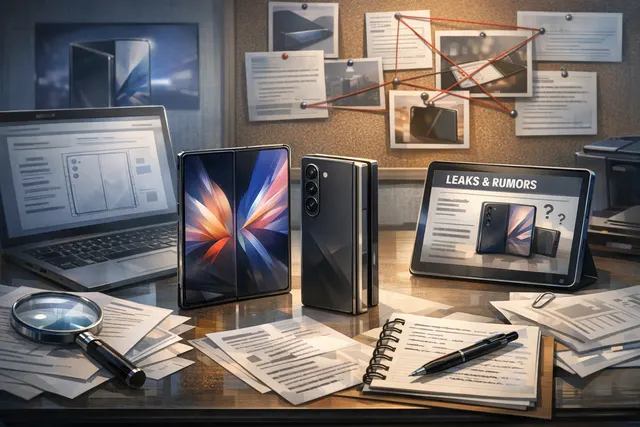 Samsung Galaxy Z Fold 8 series mockup showing three foldable devices with a wider form factor, displayed against a futuristic background.