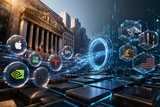 Illustration of tokenized U.S. stocks moving through an on-chain bridge into a crypto trading network