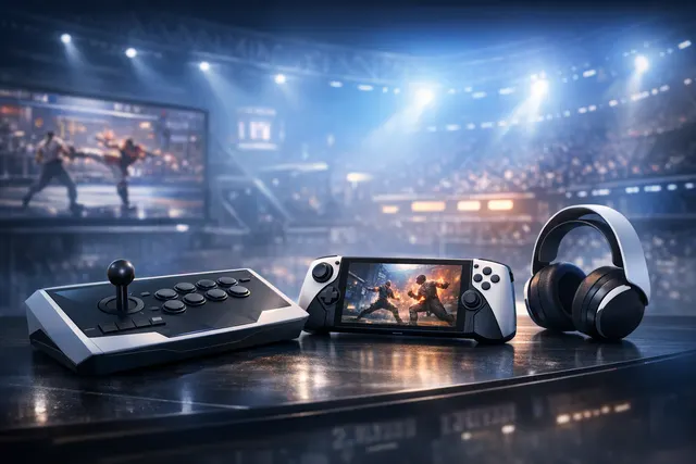 Three new PlayStation gaming accessories: a wireless fight stick, a 27-inch gaming monitor, and desktop speakers, on a dark background with neon lighting.
