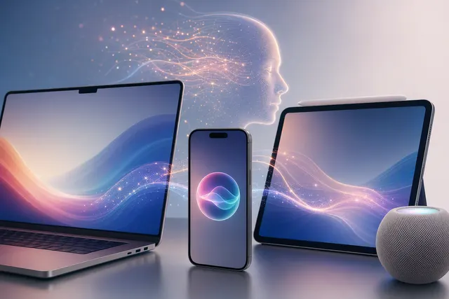 Editorial illustration of Apple Intelligence and Siri AI across Apple devices