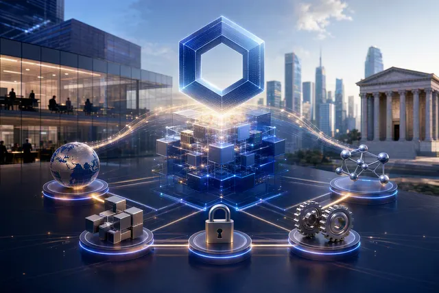 Editorial illustration representing the Infosys and Chainlink partnership for institutional onchain finance