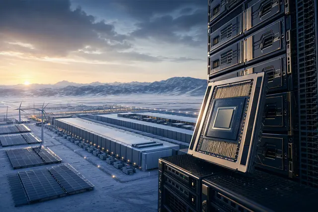 Illustration of a large AI data center and accelerator-chip infrastructure