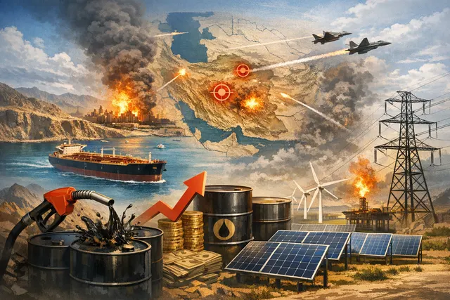 A conceptual illustration showing an oil pump jack next to an electric vehicle charging station, symbolizing the global shift from fossil fuels to electric mobility triggered by th