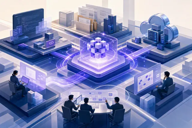 Editorial illustration representing Alibaba QwenWork and connected enterprise AI workflows