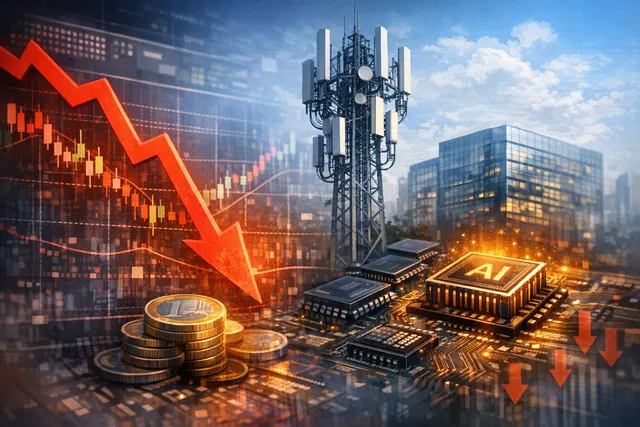 Stock market graph showing Nokia's sharp decline from a peak, with AI and network infrastructure icons in the background, representing the tech sector sell-off.