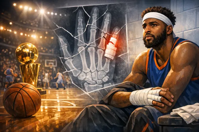 Mitchell Robinson in a Knicks jersey looking concerned during a game, with a faded basketball court background and text overlay reading 'Mitchell Robinson Broken Pinky Finger'
